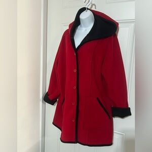 Susan Graver Red Hooded Coat with Black Trim